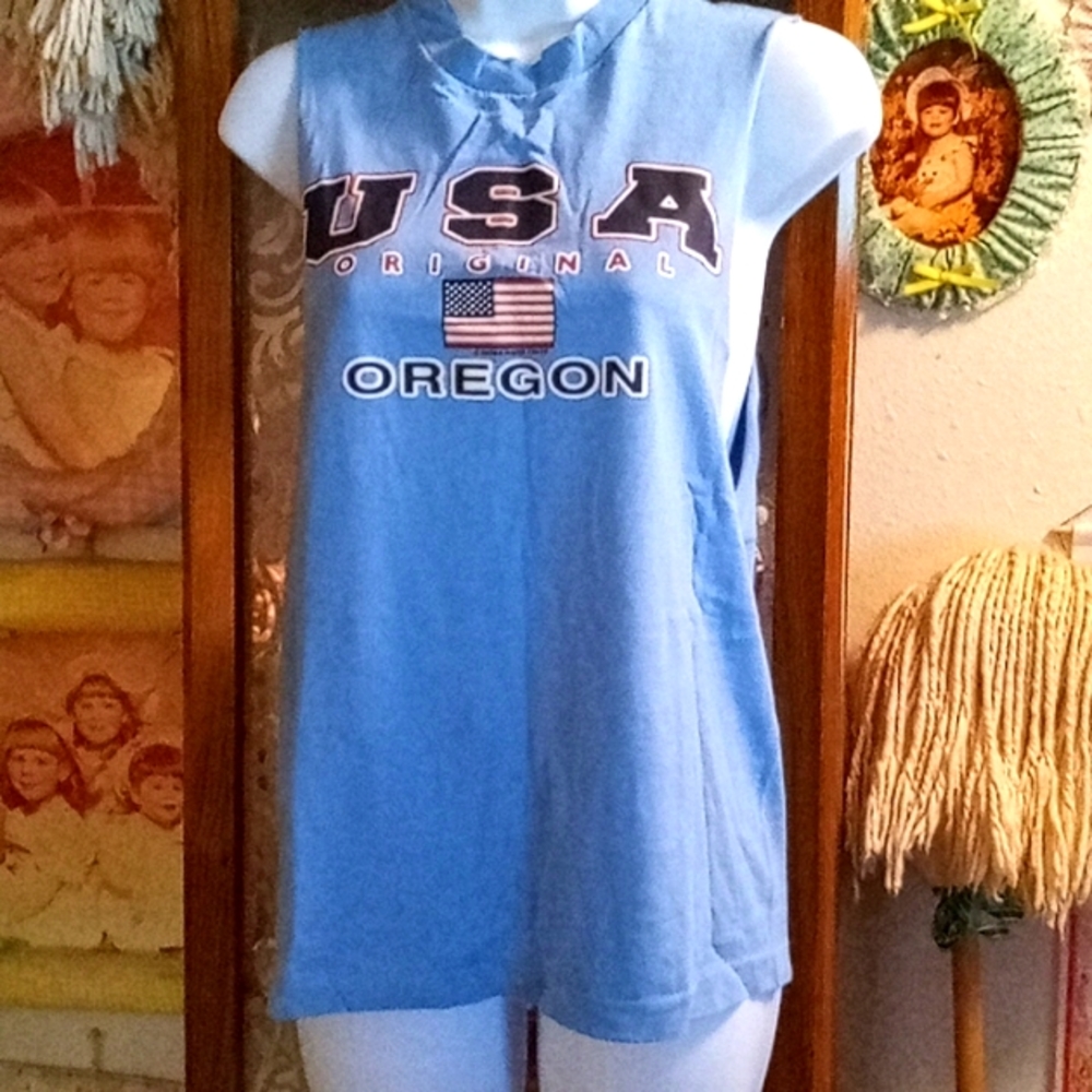 Vintage 80s,Baby Blue,"Original USA",🇺🇸 OREGON,Distressed, Sleeveless,T-Shirt❤